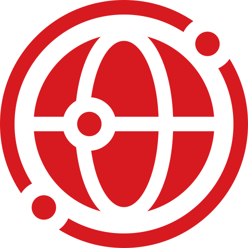 Circular red emblem with lines and dots